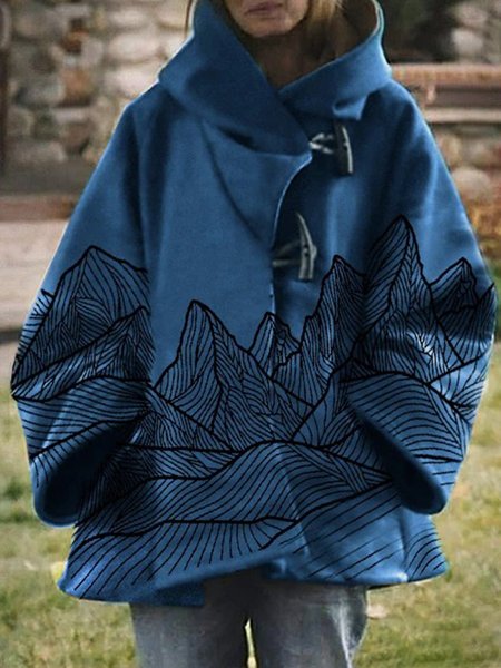 

Blue Vintage Printed Hoodie Pockets Jacket, Coats