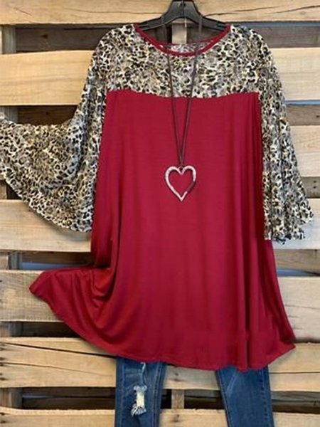 

Vintage Statement Leopard Plus Size Frill Sleeve Crew Neck Casual Tops, Red, T-Shirts