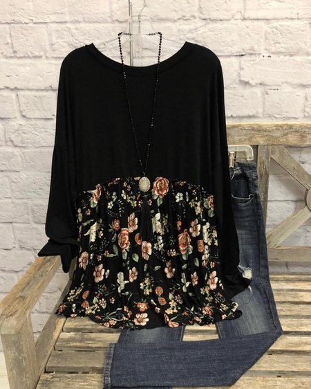 

Black Long Sleeve Cotton-Blend Crew Neck Shirt & Top, Tops