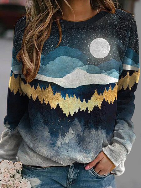 

Casual loose mountain print Sweatshirts, Deep blue, Sweatshirts & Hoodies