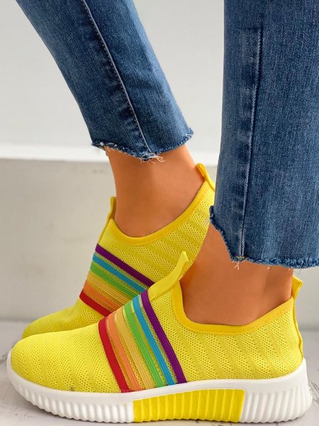

Rainbow Color Stitching Fly Woven Lightweight Casual Sneakers, Yellow, Boots