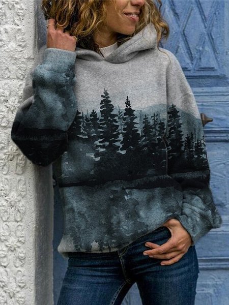 

Nature Forest Print Long Sleeve Hoodie Sweatshirt, Gray, Hoodies&Sweatshirts