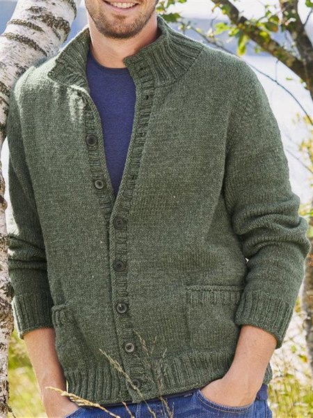 

Green Casual Solid Stand Collar Outerwear, Men's Sweater