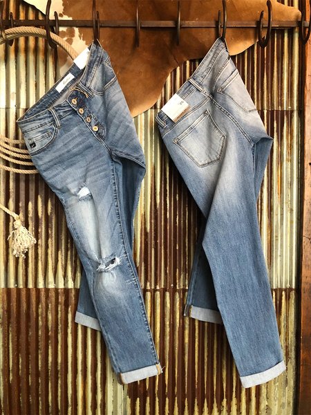 

Blue Buttoned Casual Plain Denim Jeans, Bottoms