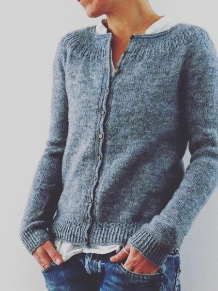 

Maniche Lunghe Casuale Maglione Blu Solido Cotone, Cardigans