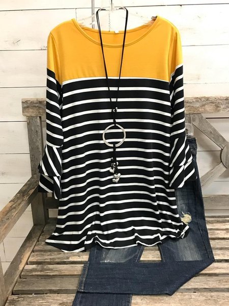 

Girocollo a Righe Maniche Lunghe Casuale Top, Giallo, Blouses & Shirts