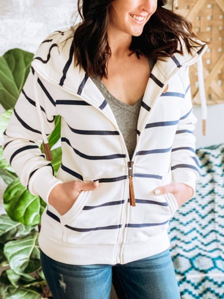 

White Zipper Striped Long Sleeve Sweatshirt, Hoodies&Sweatshirts