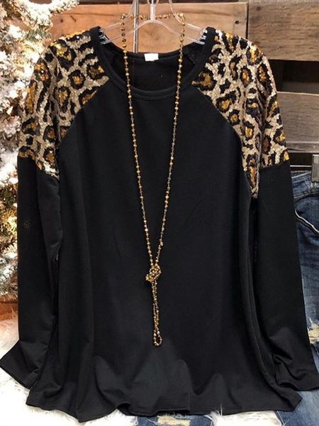 

O-Neck Leopard Shirts & Tops, Black, Tops