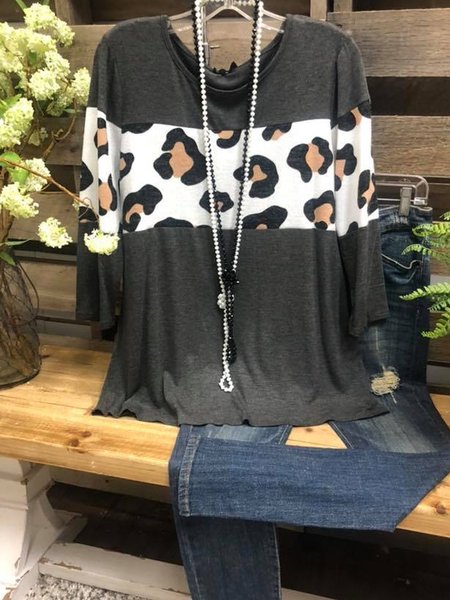 

Gray Long Sleeve Crew Neck Paneled Leopard Shirts & Tops, Tees & T-shirts