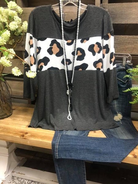 

Grigio Maniche Lunghe Girocollo Panelled Leopardo Top, Blouses & Shirts