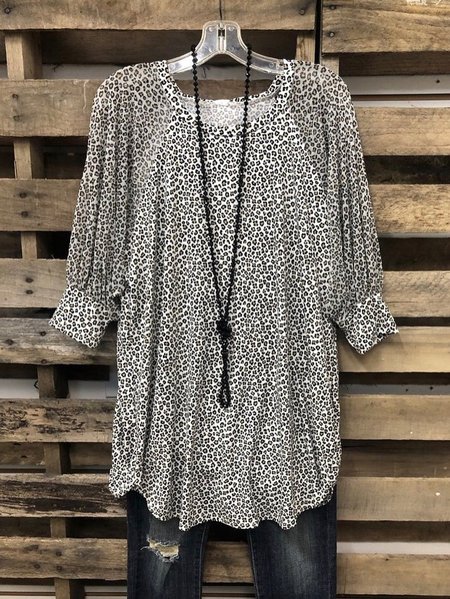 

Leopard 3/4 Sleeve O-Neck Shirts & Tops, Tops