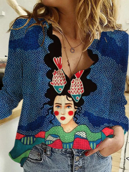

Art Print Long Sleeve Casual Blouse, Multicolor, Shirts & Blouses