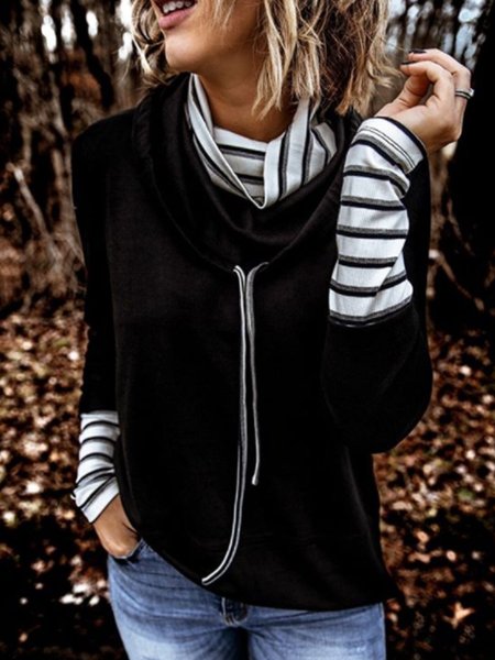 

Black Stand Collar Stripes Long Sleeve Cotton-Blend Shirts & Tops, Hoodies & Sweatshirts