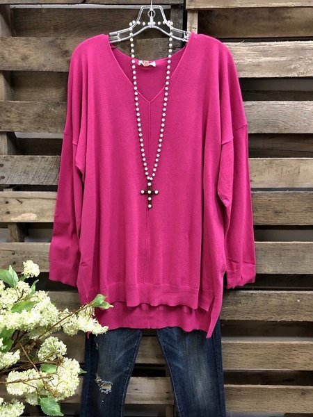 

V-Neck Long Sleeve Shirts & Tops, Rose red, Tops
