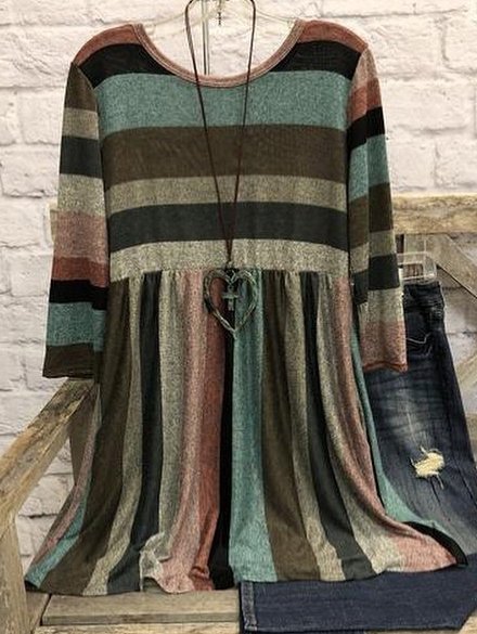 

Women Striped O-Neck Long Sleeve Shirt & Top, Green, Tops