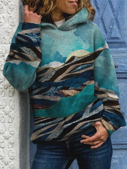 

Waves Print Casual Hoodie Sweatshirt, Green, Winter Clearance
