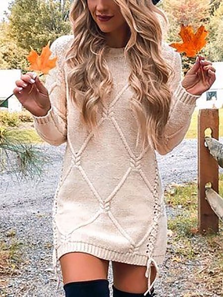

White Crew Neck Shift Acrylic Casual Sweater Dress, Dresses