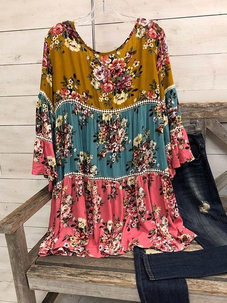 

Flower Color 3/4 Sleeve Crew Neck Cotton-Blend Shirt & Top, T-shirts