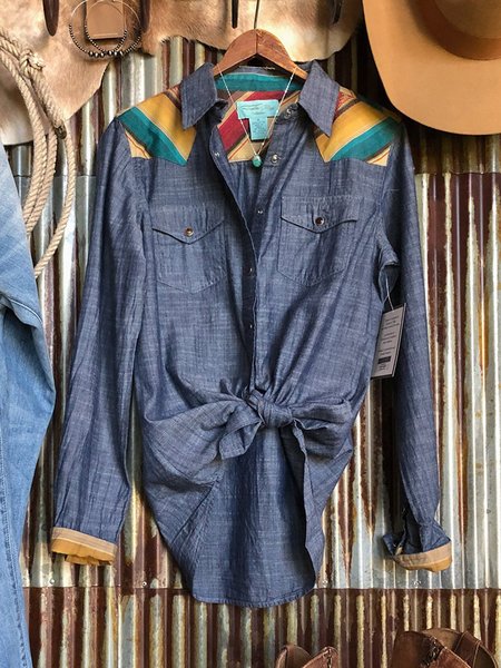 

Blue Shirt Collar Cotton-Blend Long Sleeve Blouse, Long sleeve tops