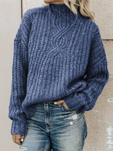 

Cotton-Blend Long Sleeve Turtleneck Pullover Sweater, Blue, Sweaters & Cardigans