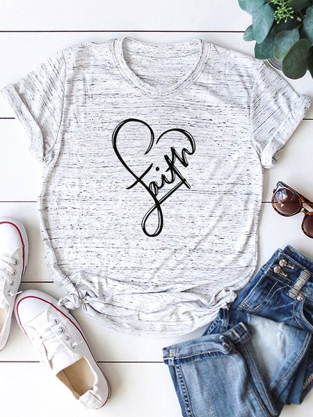 

Heart-shaped Faith Print Round Neck Cotton T-shirt, White marble, T-shirts