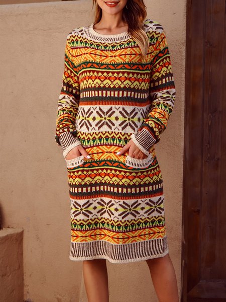 

Tribal Crew Neck Shift Long Sleeve Sweater, Red, Sweaters