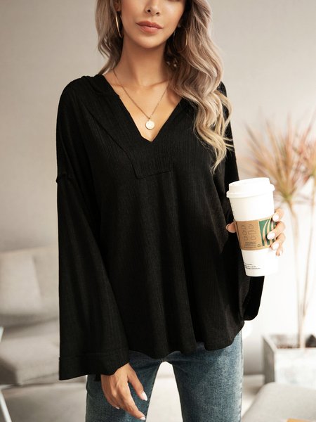 

Black Solid Cotton-Blend V Neck Long Sleeve Shirts & Tops, Tops