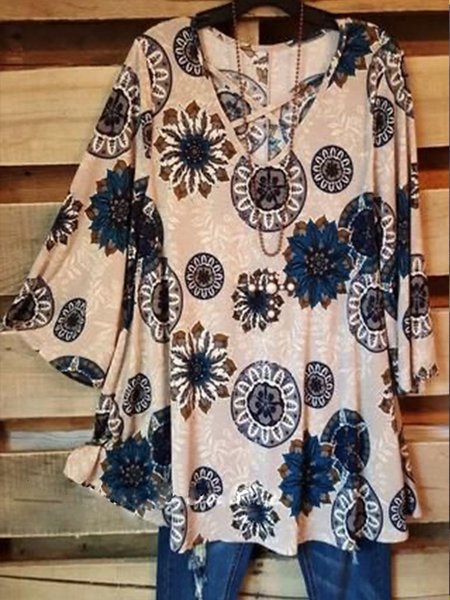 

Scollo a V Geometrico Maniche Lunghe Top Colore Caffè, Blouses & Shirts