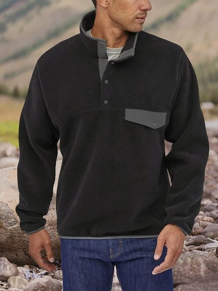 

Henley Collar Paneled Cotton-Blend Casual Sweatshirt Pullover, Black, Hoodies&Sweatshirts