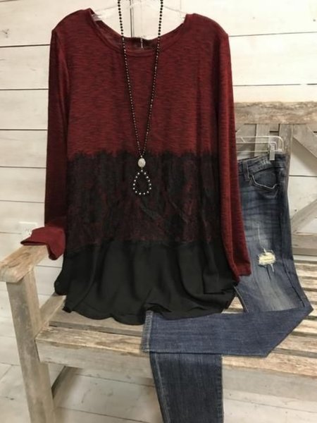 

Top Casuale Maniche Lunghe Girocollo Taglia Grande, Vino rosso, Blouses & Shirts