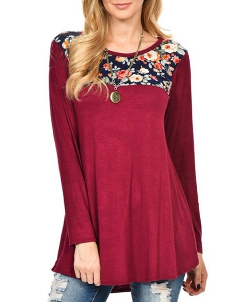 

Long Sleeve Floral-Print Crew Neck Tops, Wine red, Tops