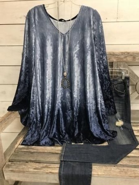 

Casual Long Sleeve V Neck Plus Size Velvet Tops, Blue, Blouses & Shirts