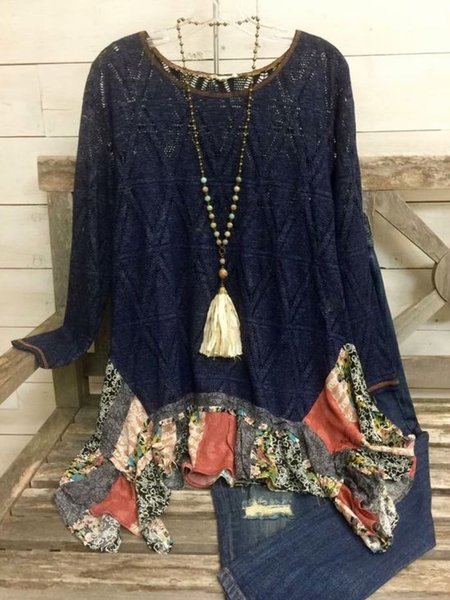 

Casual Long Sleeve Round Neck Plus Size Knitted Tops, Blue, Winter Clearance
