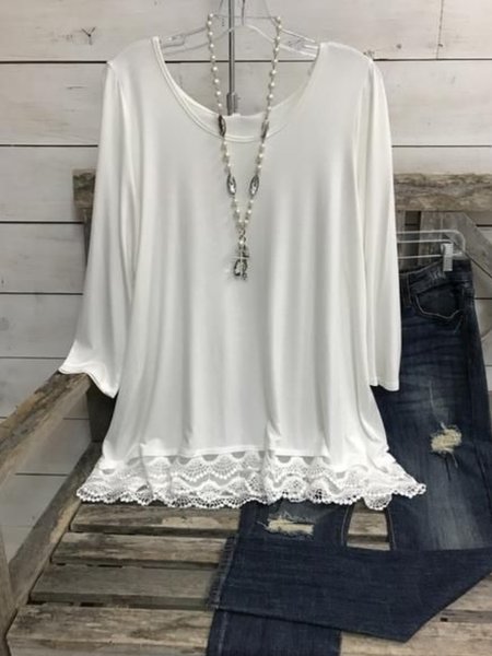 

Casual Long Sleeve Round Neck Plus Size Tops, White, Tops