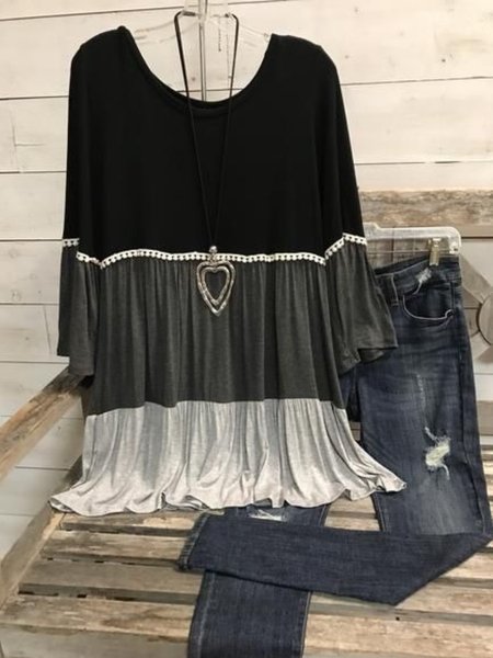 

Casual 3/4 Sleeve Round Neck Plus Size Tops, Black, T-Shirts