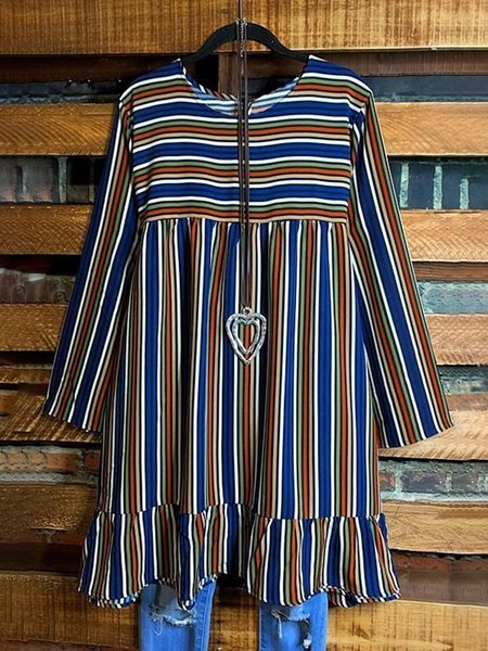 

Blue Crew Neck Long Sleeve Cotton-Blend Striped Shirts & Tops, Blouses & Shirts