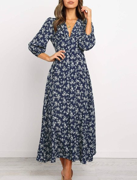 

V Neck Long Sleeve Holiday Midi Dress, Purplish blue, Maxi Dresses