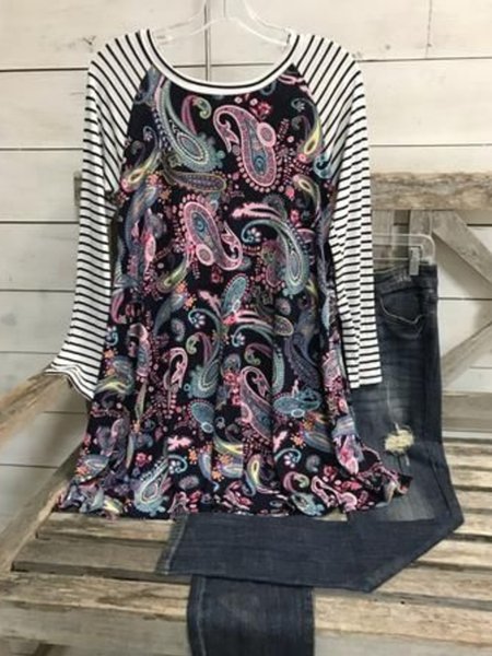 

3/4 Manica Stampato Casuale Girocollo Top, Vino rosso, Blouses & Shirts