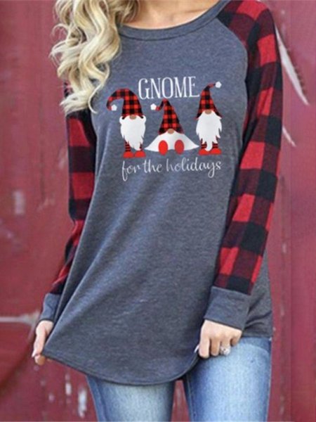 

Christmas Gnome Santa Claus Print Stitching Christmas Red Plaid Raglan Long Sleeve Top, Deep gray, Hoodies&Sweatshirts
