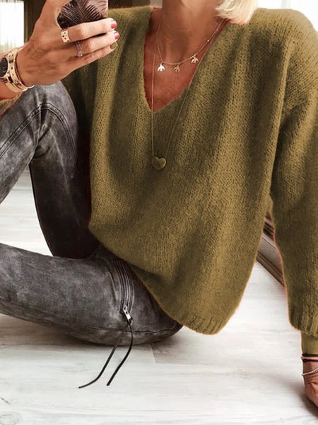 

Casual V Neck Plain Sweater, Coffee, Sweaters & Cardigans