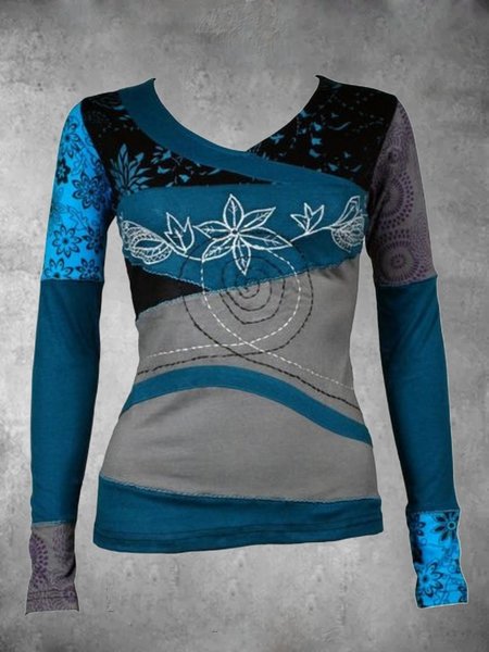 

Casuale Maniche Lunghe Scollo a V Taglia Grande Stampato Top, Blu, T-Shirts