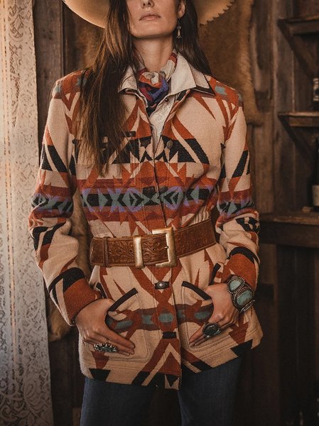

Color Lapel Geometric Long Sleeve Shift Jacket, Jackets