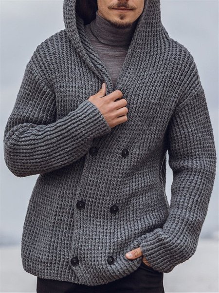 

Gray Casual Hoodie Knitted Sweater, Men's Sweater