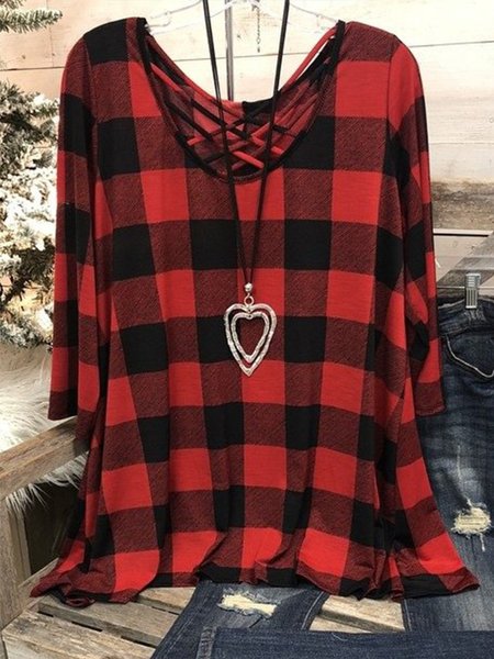 

Red Casual Checkered/plaid Cotton-Blend V Neck Shirts & Tops, Tops