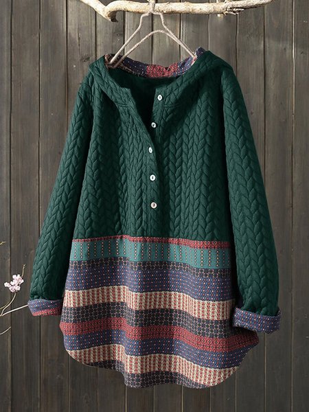 

Cotton Tribal Long Sleeve Shift Sweater coat, Green, Tops