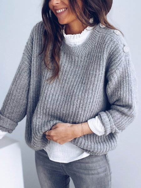 

Women's Gray Casual Long Sleeve Crew Neck Sweater, Sweaters