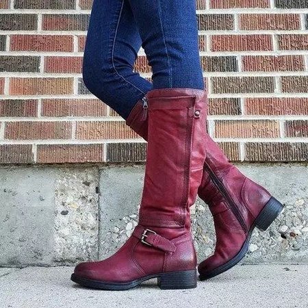 

Winter Low Heel Leather Boots, Red, Boots
