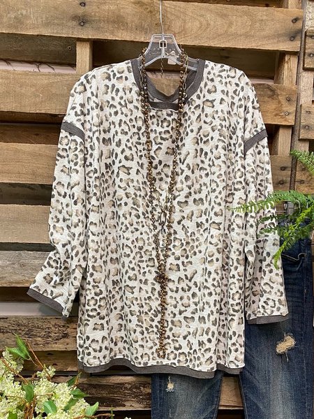 

Leopard Print Crew Neck Long Sleeves T-shirt, As picture, Long sleeve tops