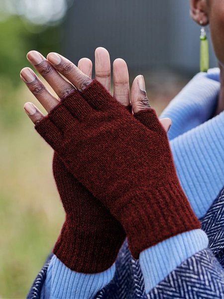 

Vintage Statement Plain Fingerless Casual Gloves, Wine red, Women Winter Clearance