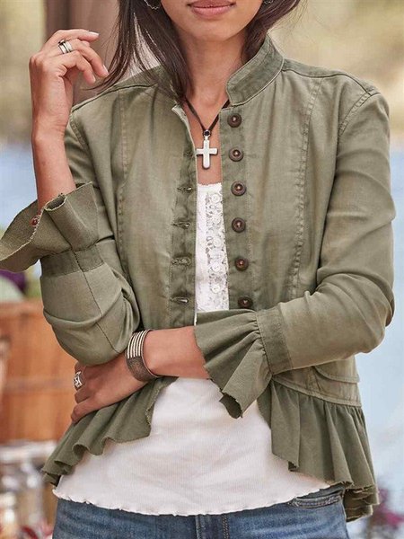 

Dark Green Cotton-Blend Casual Long Sleeve Ruffled Jacket, Cardigans
